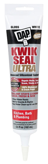 DAP KWIK SEAL ULTRA 18914 Siliconized Sealant, White, 0 to 150 deg F, 5.5 oz Tube